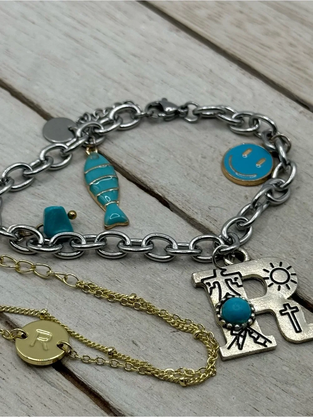 Set of two Letter “R” Turquoise Charm Bracelet and Gold Necklace Set